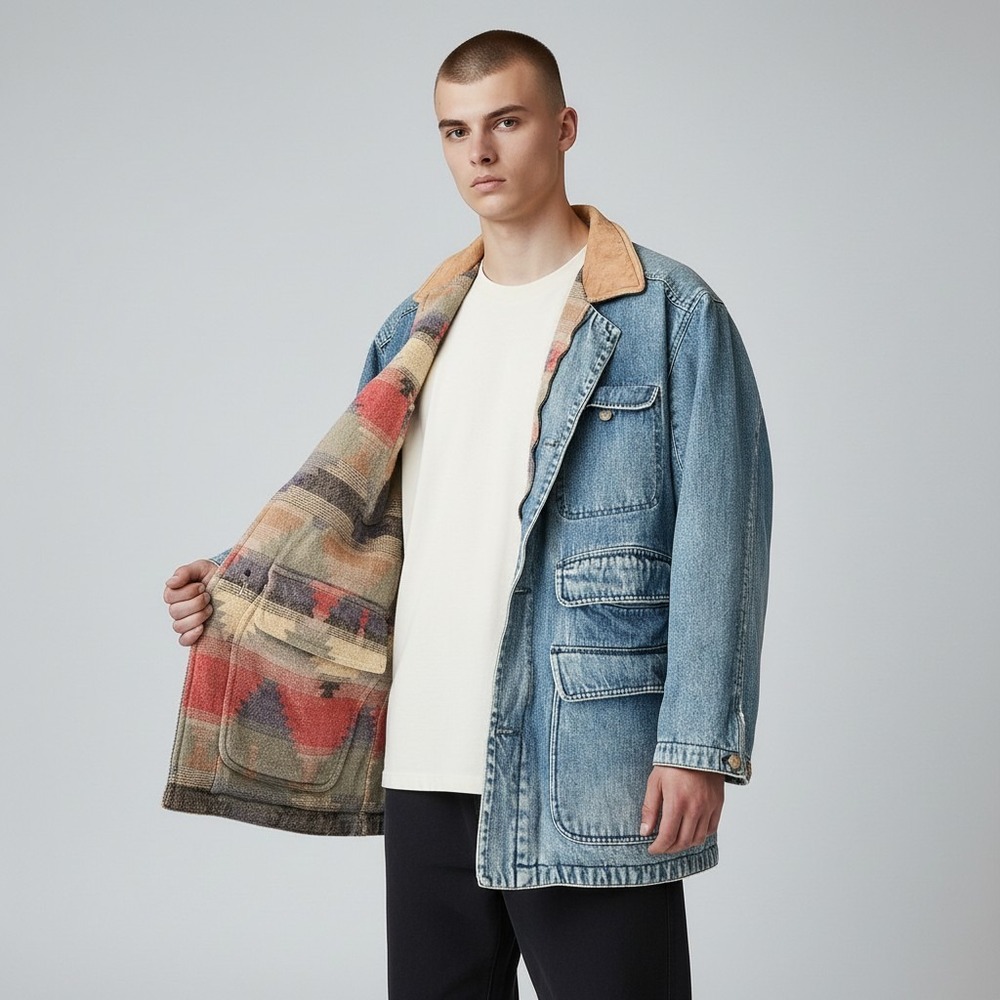 Vtg Denim‎ Chore Coat Aztec Blanket Lined 90s Men's L Reversible Southwestern